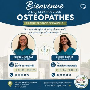 🩺 DEUX NOUVEAUX OSTÉOPATHES AU PÔLE DE SANTÉ DE DOUELLE